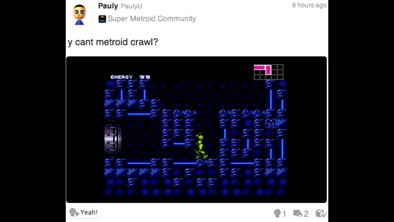 still from the game super metroid and question asking why the character can't crawl